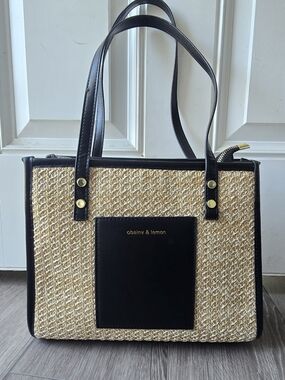 Woven Straw Tote Bag Black Faux Leather Trim Large Shoulder Summer Bag